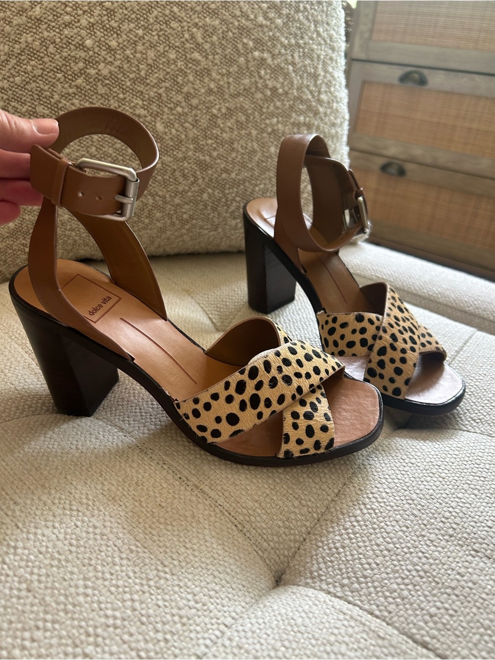 Dolce Vita Nala Leopard Print Calf Hair Ankle Strap Heels